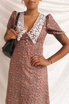 Tereza Brown Short Sleeve V-Neck Midi Dress | Boutique 1861 model close up