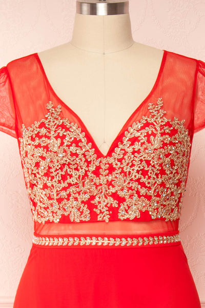 Theola Red Embroidered Maxi Prom Dress | Boutique 1861 front close up