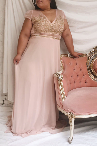 Theola Blush Pink Embroidered Maxi Dress | Boutique 1861 on model