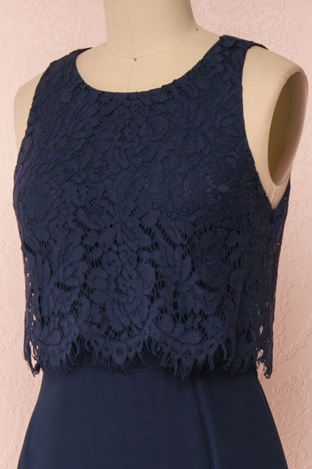 Timothea Navy Blue Maxi Dress w/ Lace Top | Boutique 1861 side close-up