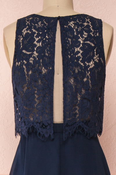 Timothea Navy Blue Maxi Dress w/ Lace Top | Boutique 1861 back close-up