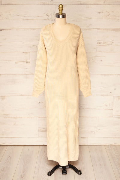 Titel Beige Long Sleeve Knitted Maxi Dress | La petite garçonne front view
