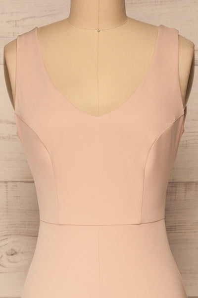 Tivoli Blush Pink V-Neck Midi Dress | La petite garçonne  front close-up
