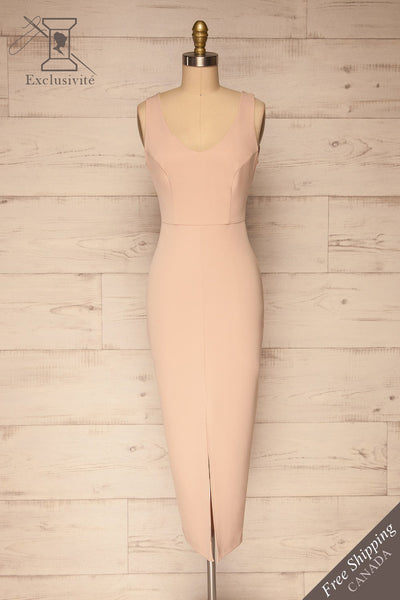 Tivoli Blush Pink V-Neck Midi Dress | La petite garçonne