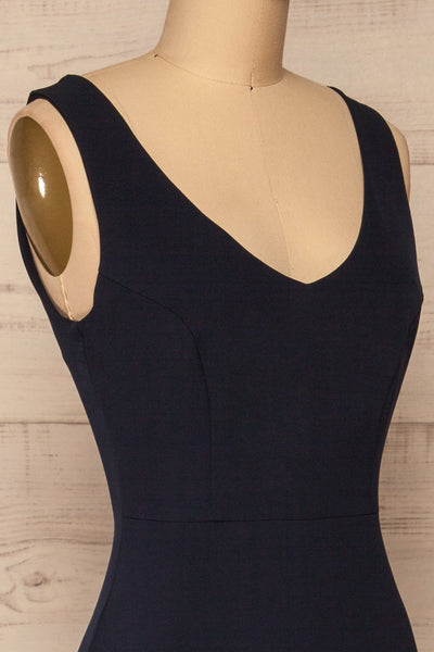 Tivoli Navy Blue V-Neck Midi Dress | La petite garçonne  side close-up