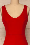 Tivoli Red V-Neck Midi Dress | La petite garçonne  front close-up