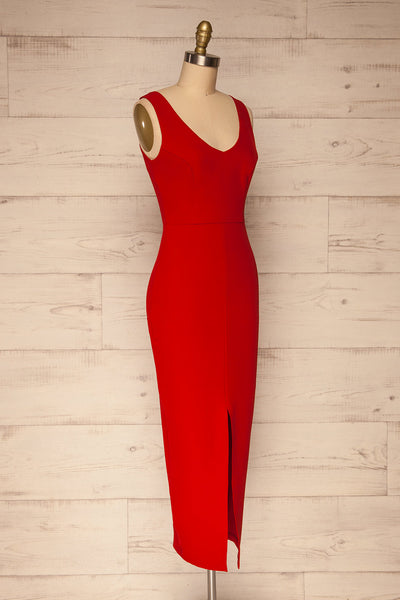 Tivoli Red V-Neck Midi Dress | La petite garçonne  side view