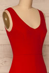 Tivoli Red V-Neck Midi Dress | La petite garçonne  side close-up