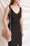 Tivoli Black V-Neck Midi Dress | La petite garçonne on model