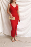 Tivoli Red V-Neck Midi Dress | La petite garçonne on model