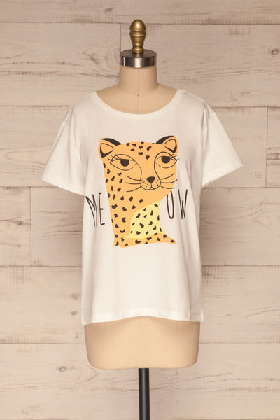 Tollatsch White Cat Print T-Shirt | La petite garçonne front view