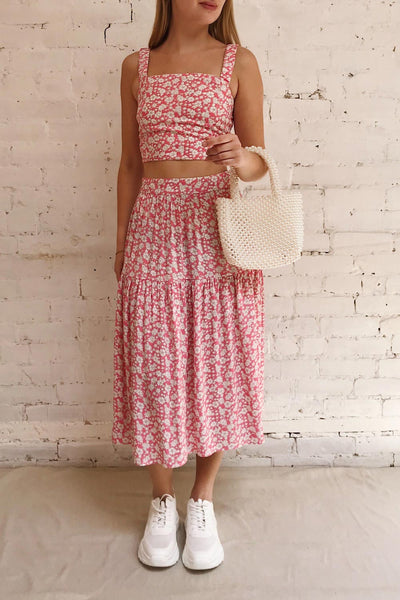 Chelsea Pink & White Floral Midi Skirt | Boutique 1861 on model