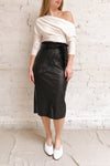 Alimos Black Faux Leather Midi Skirt | La petite garçonne on model