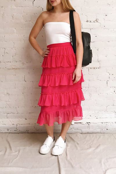 Gova Red Layered Ruffles Festive Midi Skirt | Boutique 1861 model look