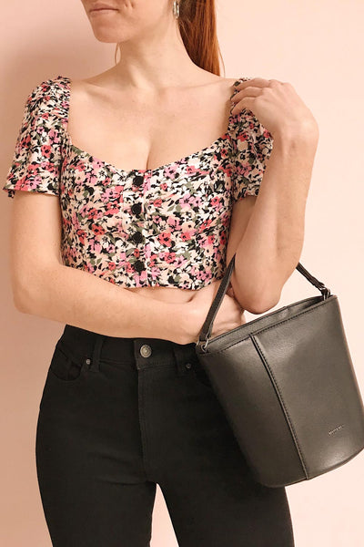 Insko Pink Floral Buttoned Crop Top | Boutique 1861 on model