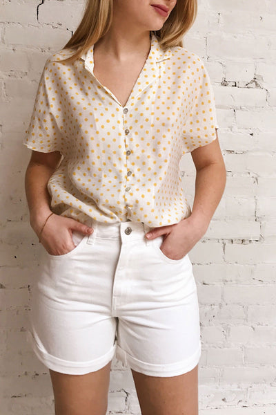 Karaman White & Yellow Polkadot Shirt | La petite garçonne on model