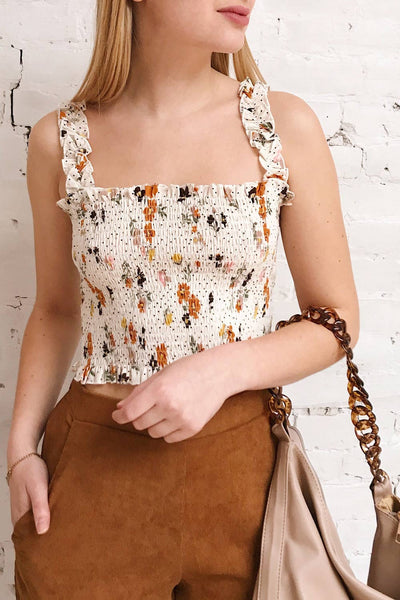 Maggie White Floral Ruched Crop Top | Boutique 1861 on model