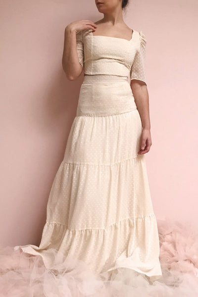 Marlena Cream Maxi Chiffon Pattern Gypsy Skirt | Boudoir 1861 on model
