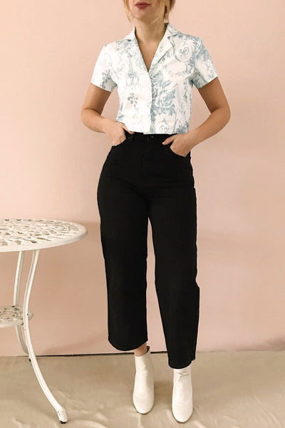 Saelig White & Blue Floral Buttoned Crop Top photo full | Boutique 1861
