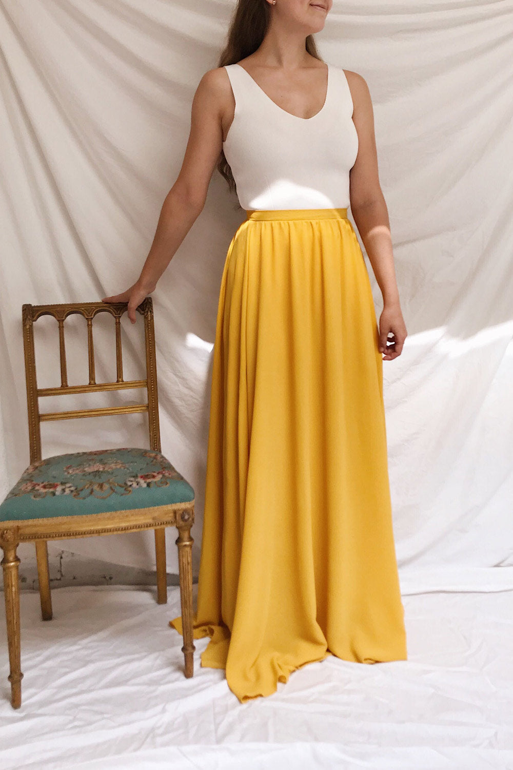 Glykeria Sun Golden Yellow Chiffon Maxi Skirt | Boutique 1861 model look