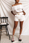 Kalouga White High-Waisted Shorts | La petite garçonne model look