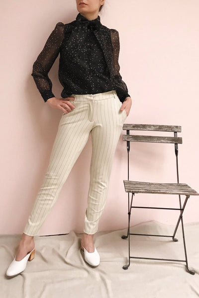 Lillesand Cream Thin Stripes Fitted Pants | La petite garçonne on model