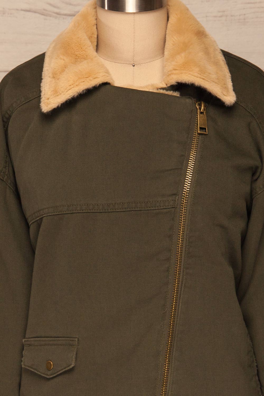 Torino Khaki Green Coat with Faux Fur Collar | La Petite Garçonne front close-up