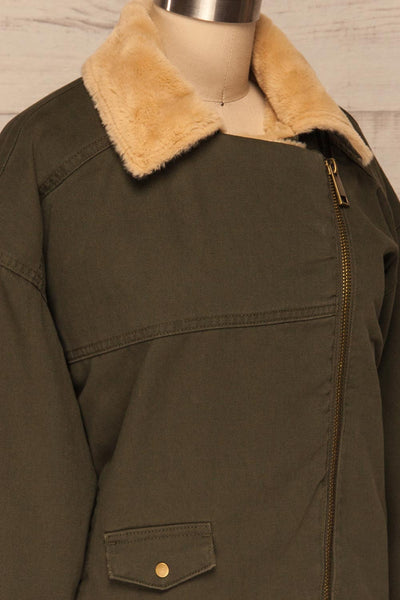 Torino Khaki Green Coat with Faux Fur Collar | La Petite Garçonne side close-up
