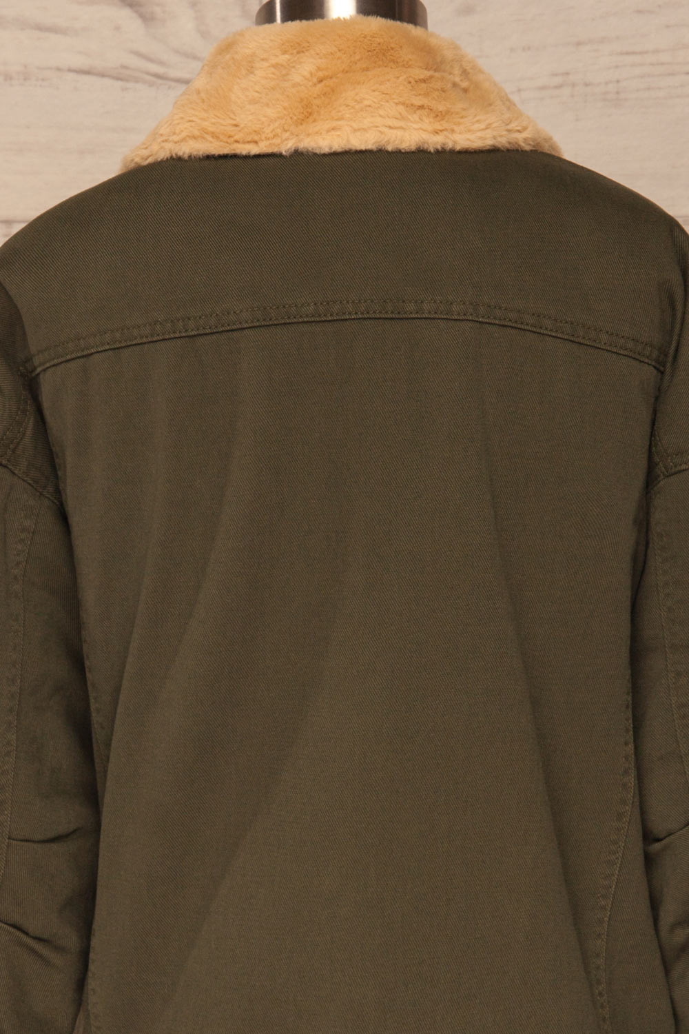 Torino Khaki Green Coat with Faux Fur Collar | La Petite Garçonne back close-up