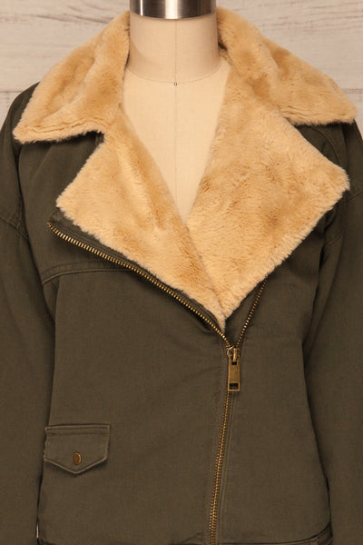 Torino Khaki Green Coat with Faux Fur Collar | La Petite Garçonne front close-up open