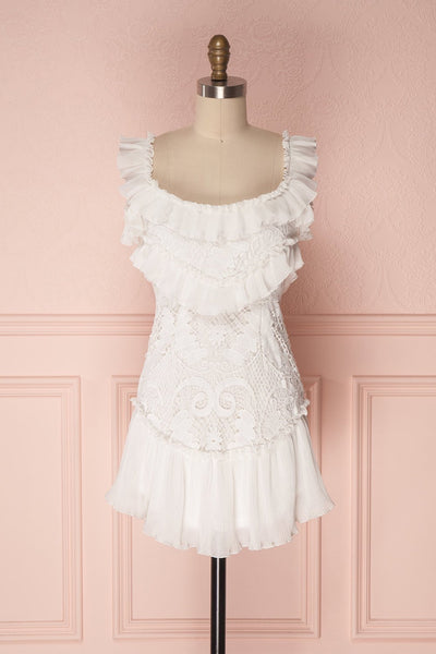 Totam Short Fitted White Lace Off-Shoulder Dress | Boutique 1861