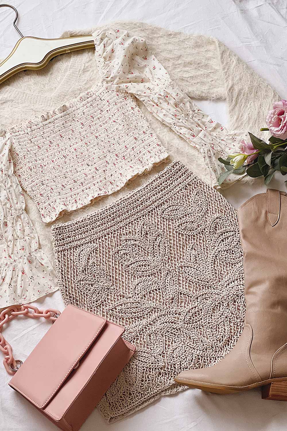 Orithyia Beige Floral Crop Top w/ Square Neckline | boutique 1861 flatlay