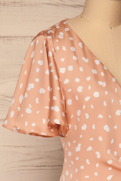 Tryphena Pink Short Sleeve Wrap Dress | La petite garçonne  side close-up
