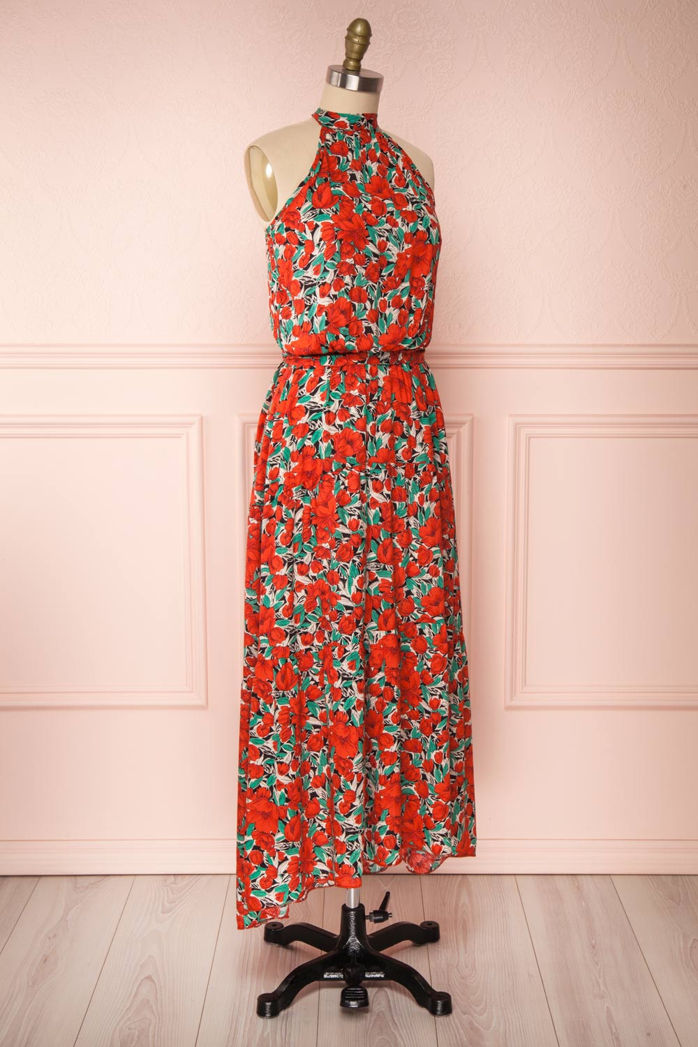 Tuvya Red Floral Halter Maxi Dress | Boutique 1861 side view