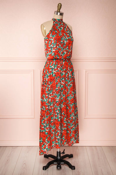Tuvya Red Floral Halter Maxi Dress | Boutique 1861 side view