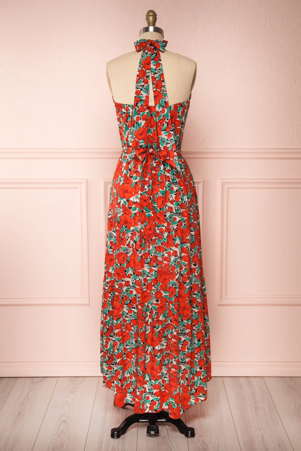 Tuvya Red Floral Halter Maxi Dress | Boutique 1861 back view