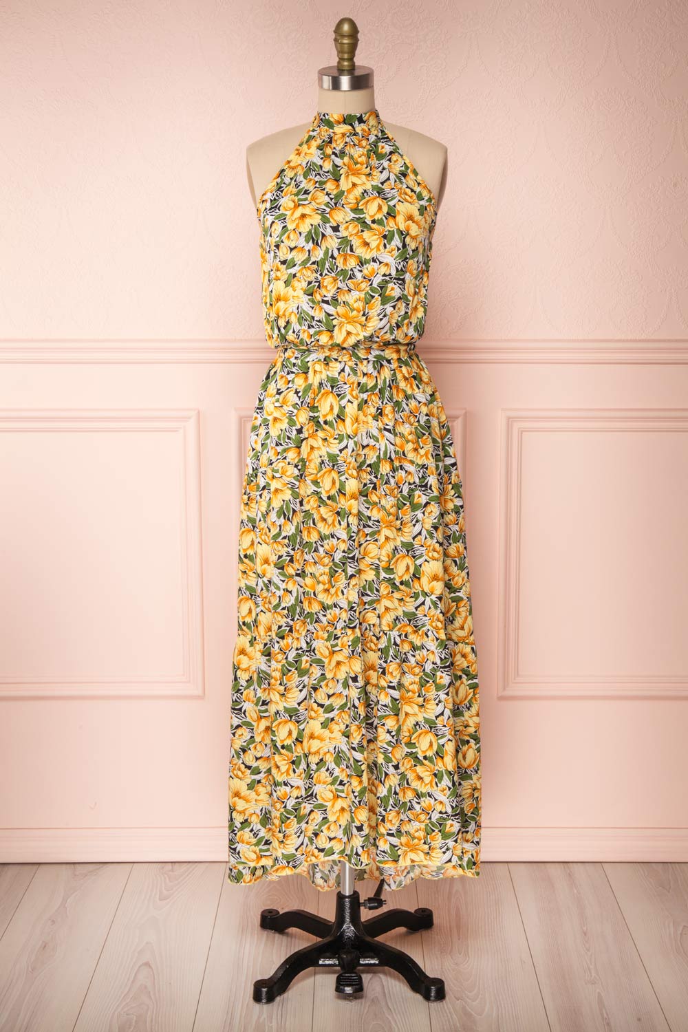 Tuvya Yellow Floral Halter Maxi Dress | Boutique 1861 front view