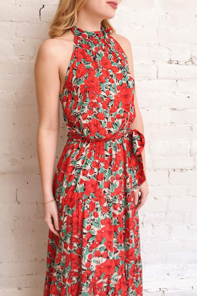 Tuvya Red Floral Halter Maxi Dress | Boutique 1861 on model