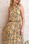 Tuvya Yellow Floral Halter Maxi Dress | Boutique 1861 model close up