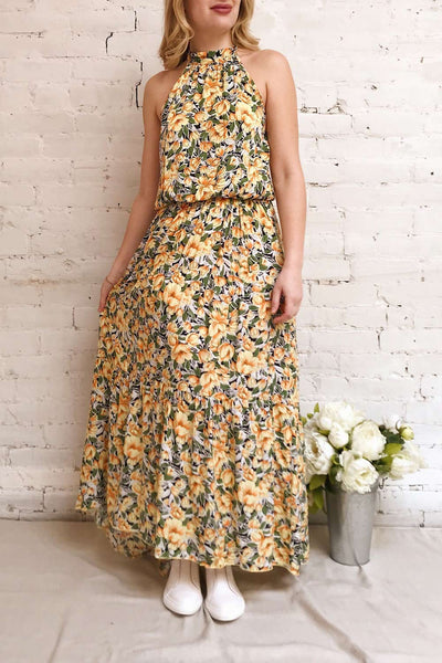 Tuvya Yellow Floral Halter Maxi Dress | Boutique 1861 model look