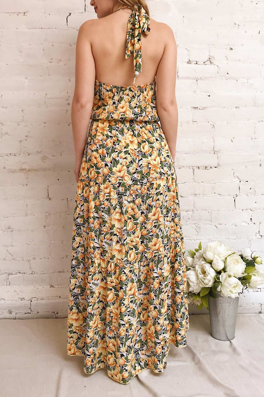 Tuvya Yellow Floral Halter Maxi Dress | Boutique 1861 model back