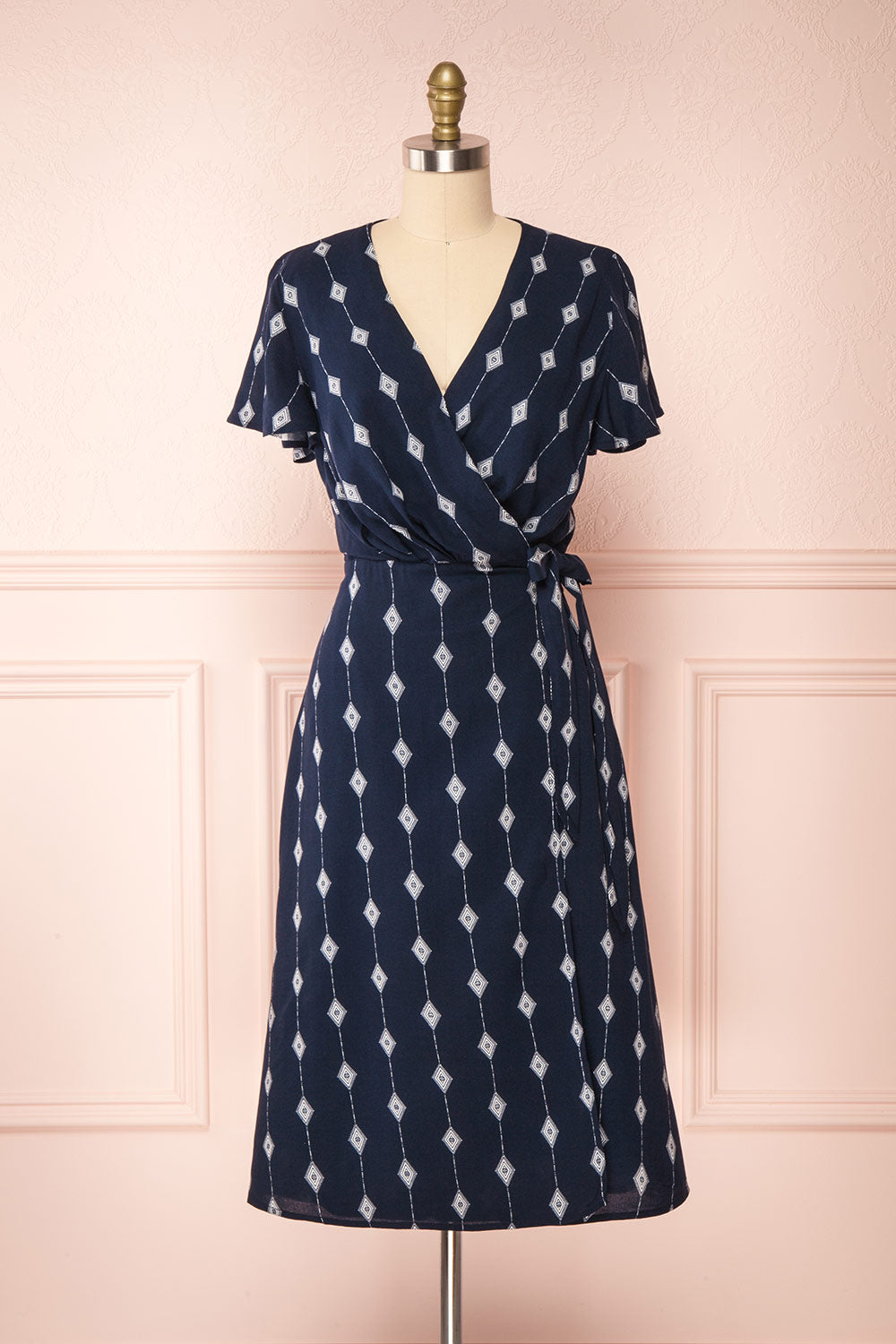 Tyesha Navy Patterned Short Sleeve Wrap Dress | Boutique 1861