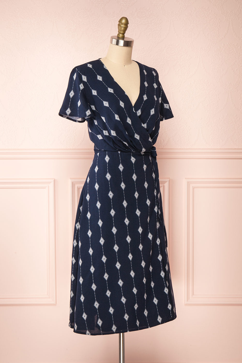 Tyesha Navy Patterned Short Sleeve Wrap Dress | Boutique 1861