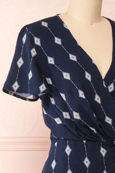 Tyesha Navy Patterned Short Sleeve Wrap Dress | Boutique 1861