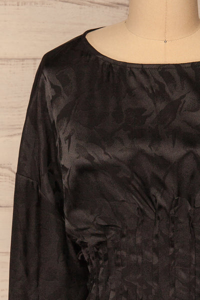 Ulm Black Pleated Puffy Sleeve Silky Top | La petite garçonne front close-up