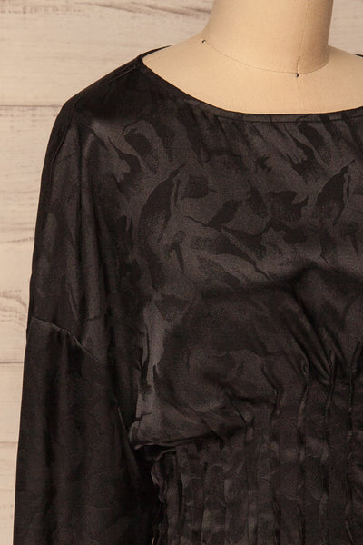Ulm Black Pleated Puffy Sleeve Silky Top | La petite garçonne side close-up