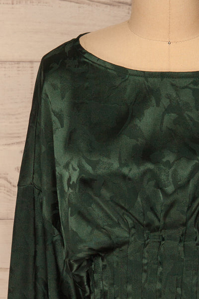 Ulm Green Pleated Puffy Sleeve Silky Top | La petite garçonne front close-up