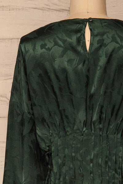 Ulm Green Pleated Puffy Sleeve Silky Top | La petite garçonne back close-up