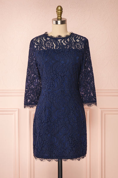 Undine Navy Short Lace Dress w/ 3/4 Sleeves | Boutique 1861 front view