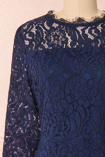 Undine Navy Short Lace Dress w/ 3/4 Sleeves | Boutique 1861 front close-up